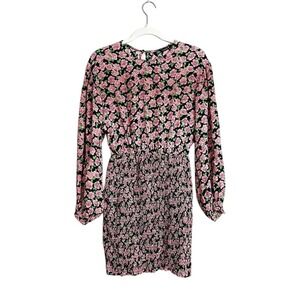 Zara Pink Roses‎ on Black Floral Mini Dress Smocked Skirt Puffy Long Sleeves XS